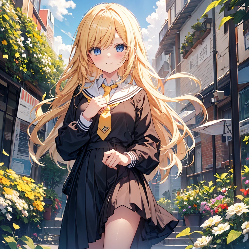 Woman gazing diagonally upwards, {{{Soft smile}}}, Black Sailor Suit, Long skirt, {{{{{Bright yellow long wavy hair}}}}}, Best Quality,Best image quality,Perfect Anatomy,masterpiece,Very detailedな,beautiful,super high quality, Best Quality,High resolution, Very detailed,Game CG,Dutch Angle ,beautiful details,Visual Arts,Five fingers, Perfect hands,Hide your hands, {{{One Girl}}}, Beautiful detailed girls, Game CG, masterpieceアニメ，Best Quality, Very detailedな顔，Power Pro, Sugami Hisashi, {{{One Girl}}}, Blue Eyes, Female Manager, School grounds, Yellow tie, Sleepy smile, Knee-high portrait, Three-dimensional background, Multiple clouds,