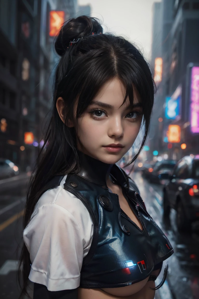 ((masterpiece, Best Quality, Best image quality, High resolution, Realistic, RAW Photo 8k))、((SF、Cyberpunk cityscape:1.2))、(European Girls)、Thin Nose、Beautiful Face, 1 female、beautiful girl、(Junior high school students:1.5)、(Bright dark blue eyes、Sharp Eye:1.2)、(beautiful girl:1.2)、(Black Hair、bun:1.2)、((cyberpunk Sexy School Uniform:1.2))、(Looking into the camera:1.3)、(Composition on knees:1.2)、((underboob:1.4))