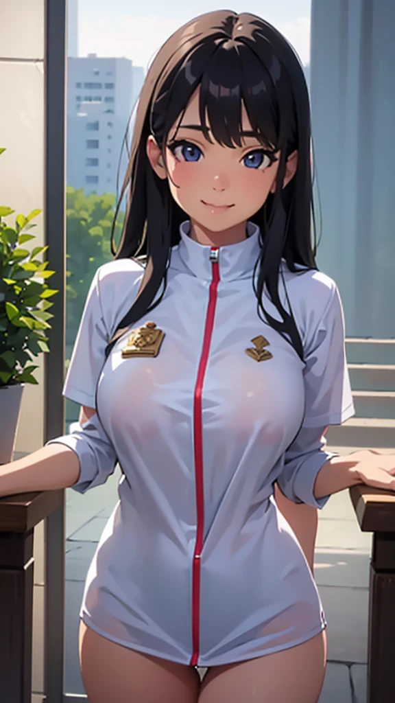 (8k), (Best Quality: 1.2), (Realistic), (Realistic: 1.37), Ultra-high resolution, 1 girl, cute, smile, Mouth closed, Beautiful details, Beautiful Nose, whole body, Wet Hair, Giant Dalcefo, pork, uniform, Thighs  