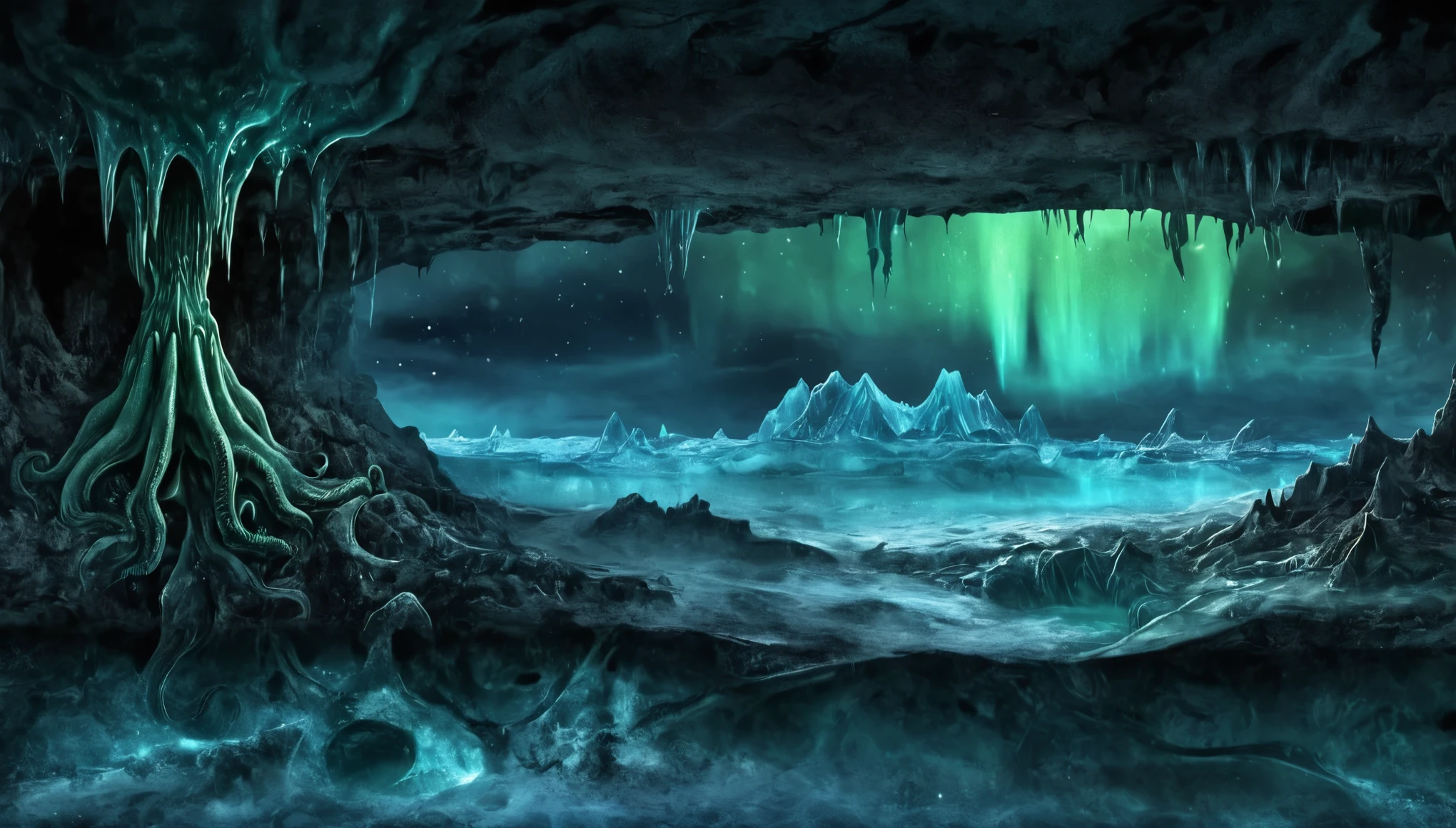 Night sky landscape, An ancient cosmic horror slumbers in a cave beneath the ice, Colorado State University, cross section, underground, From the side, Cthulhu, Dawn in the South, Northern Lights, masterpiece, , CG, wallpaper, HDR, high quality, HD, Extremely detailed