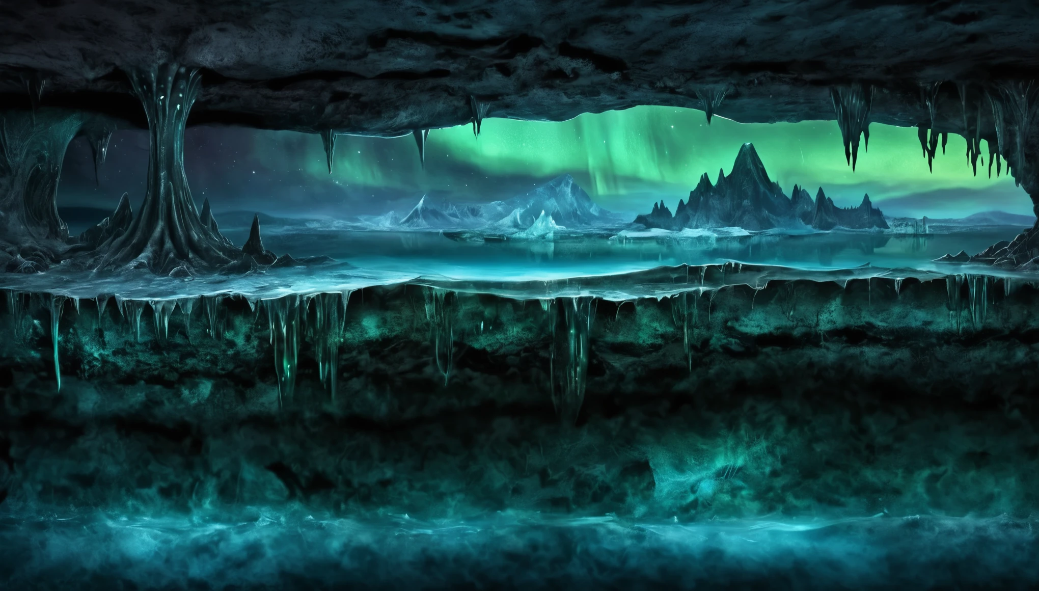 Night sky landscape, An ancient cosmic horror slumbers in a cave beneath the ice, Colorado State University, cross section, underground, From the side, Cthulhu, Dawn in the South, Northern Lights, masterpiece, , CG, wallpaper, HDR, high quality, HD, Extremely detailed