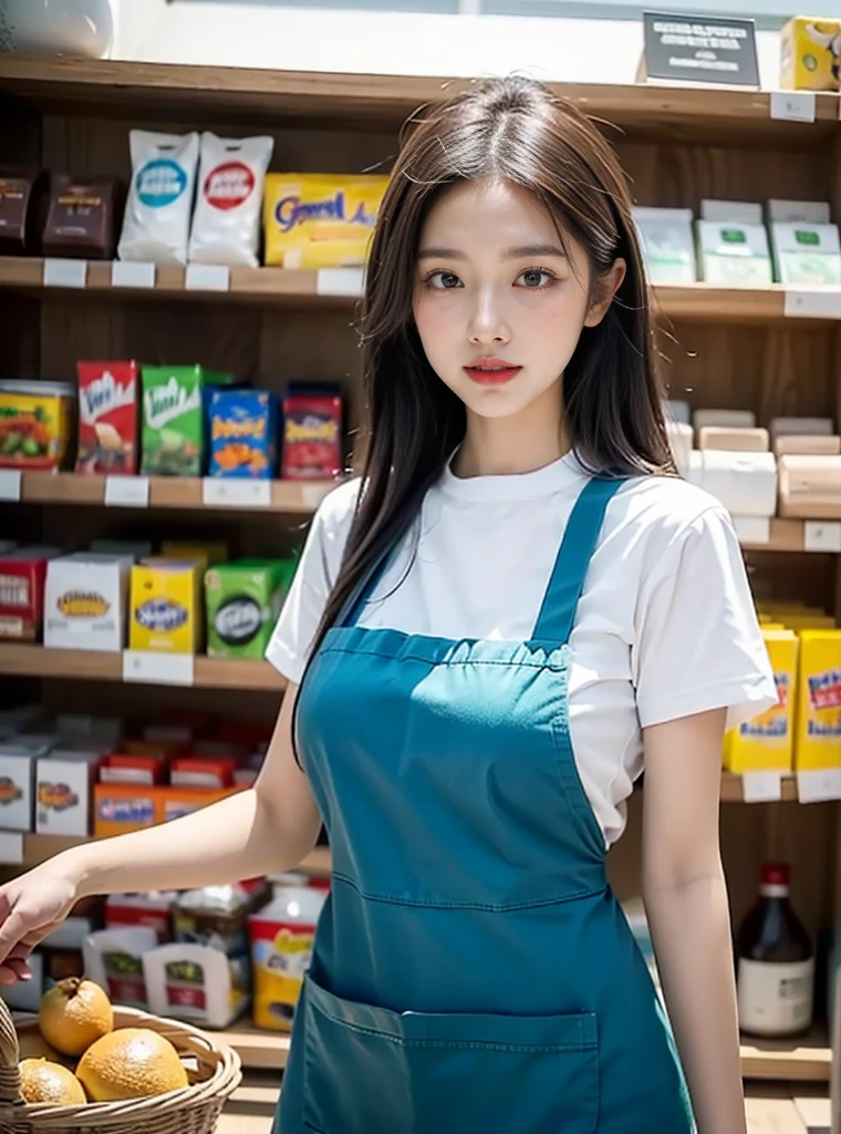 (Best Quality、Tabletop、8k、Best image quality、Award-winning works)、a woman working at a convenience store、(The most natural and perfect plain green simple apron:1.2)、Classy shirt、(Big Breasts:1.1)、(Accentuate your body lines:1.1)、(Standing Elegantly:1.1)、Portrait of a beautiful woman、The most natural and perfectly organized convenience store、In the background are convenience store shelves、Perfectly organized shelves、Shelves of organic foods neatly arranged、(Very bright and vivid:1.2)、Strongly blurred background、Look at me and smile、(Accurate anatomy:1.1)、Perfect and beautiful teeth in ultra-high resolution、Ultra-high definition beauty face、Ultra HD Hair、Ultra-high definition and shining eyes、(Glowing Beautiful Skin with ultra-high resolution:1.3)、(Glowing Beautiful Skin:1.2)、Ultra High Resolution Gloss Lip