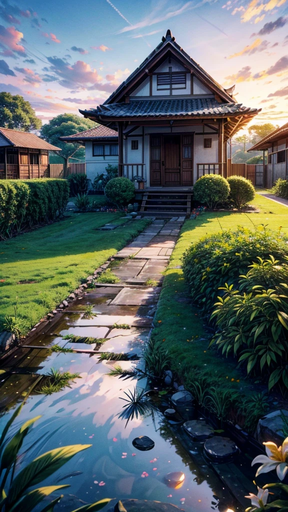 A highly detailed, realistic image of a house in rural Indonesia. With old wooden walls, a clay tile roof, and a bamboo fence. There is a Mango tree in front of the house. Some flowers in the yard. It is early morning, when the sun is just rising. Sunny, white cloudy sky, light breeze. Panoramic view. Depth of field 270mm. 