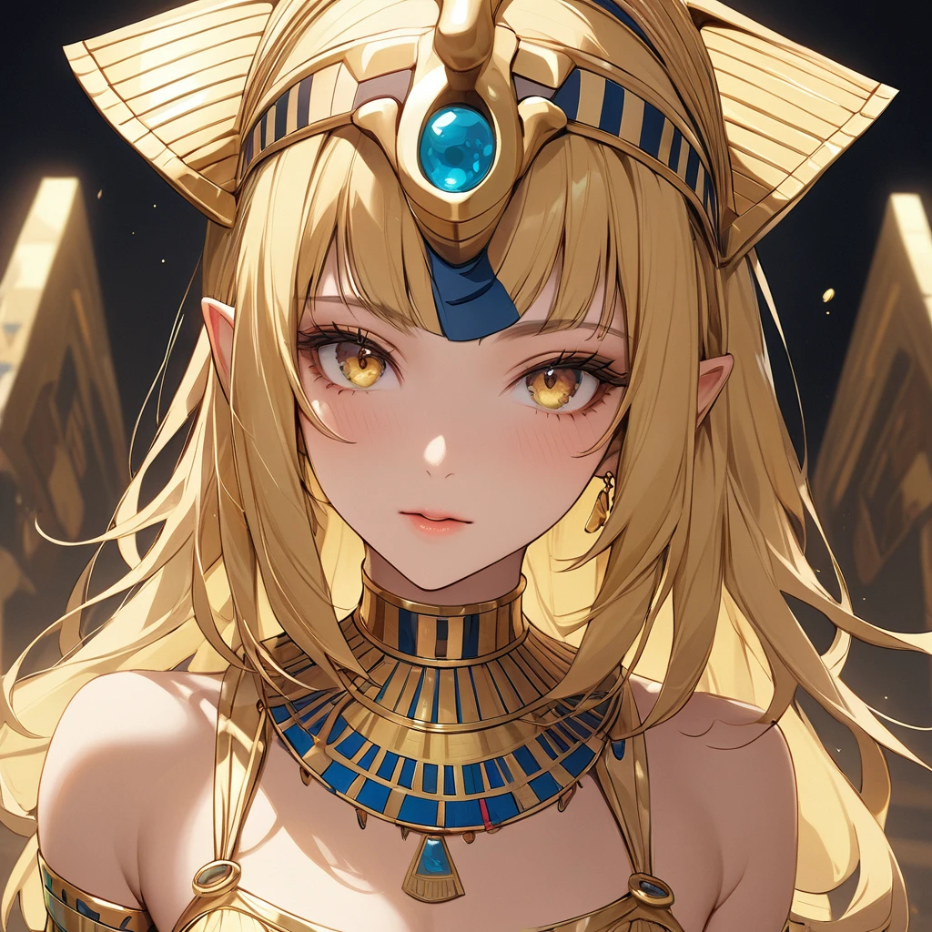 ((Best Quality)), ((masterpiece)), (detailed), （Perfect Face）、The golden-skinned high elf female Tutankhamun is Seras Ashrain, wearing an Egyptian Tutankhamun costume, a golden Tutankhamun mask, gorgeous jewelry accessories, and an engagement ring. She is a blonde, medium-length haired high elf, and her face is painted gold to resemble Tutankhamun&#39;s face.