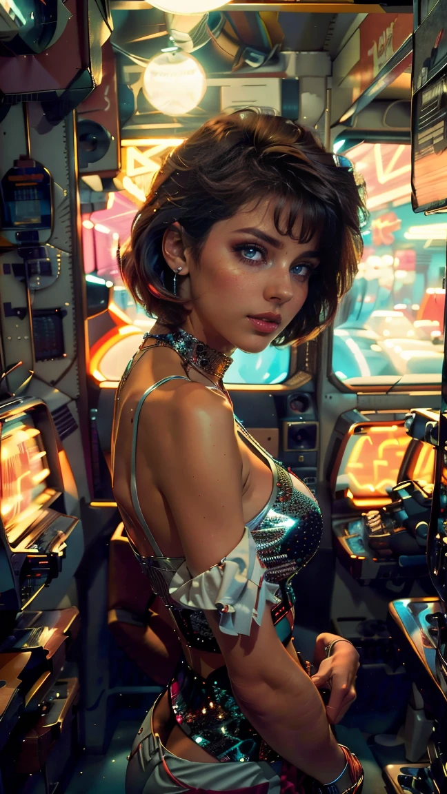 high view shot, In the heart of the retrowave 80's world, a young beautiful woman with 80's style haircut, 80's fashion sexy clothing, sensual pose, The angle of the scene is dynamic and high, capturing the intensity of the moment, fine quality silver eyes, eyes looking at the camera, ultra detailed, 