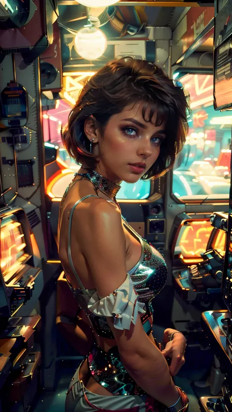 high view shot, in the heart of the retrowave 80's world, a young beautiful woman with 80's style haircut, 80's fashion sexy clo...