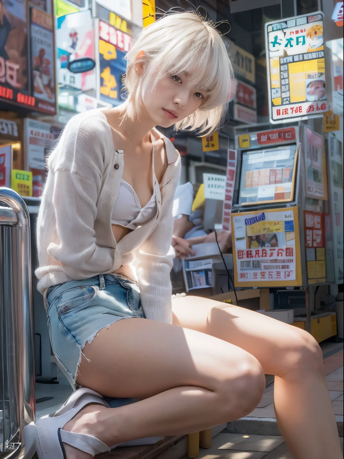 (RAW Photos:1.2), (Realistic:1.4), Cinema Lighting, Beautiful detailed 1 Japanese woman, Very detailed eyes and face,  ((wearing front button opening white knit, no bra and denim shorts)), Beautiful attention to detail, High resolution, Very detailed, Highest quality, masterpiece, pixie cut white hair,  (Dynamic pose), (Sexy pose),  (Bent knees), sitting, nsfw, upshorts, from below, in crowded Akihabara crossing