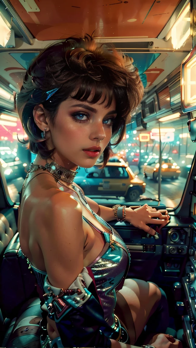 high view shot, In the heart of the retrowave 80's world, a young beautiful woman with 80's style haircut, 80's fashion sexy clothing, sensual pose, The angle of the scene is dynamic and high, capturing the intensity of the moment, fine quality silver eyes, eyes looking at the camera, ultra detailed, 