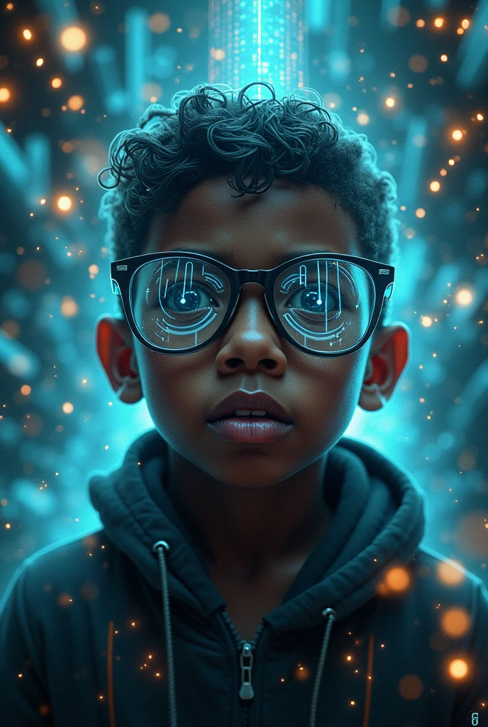 Dark-skinned boy with glasses is being attacked by technology to take over his mind