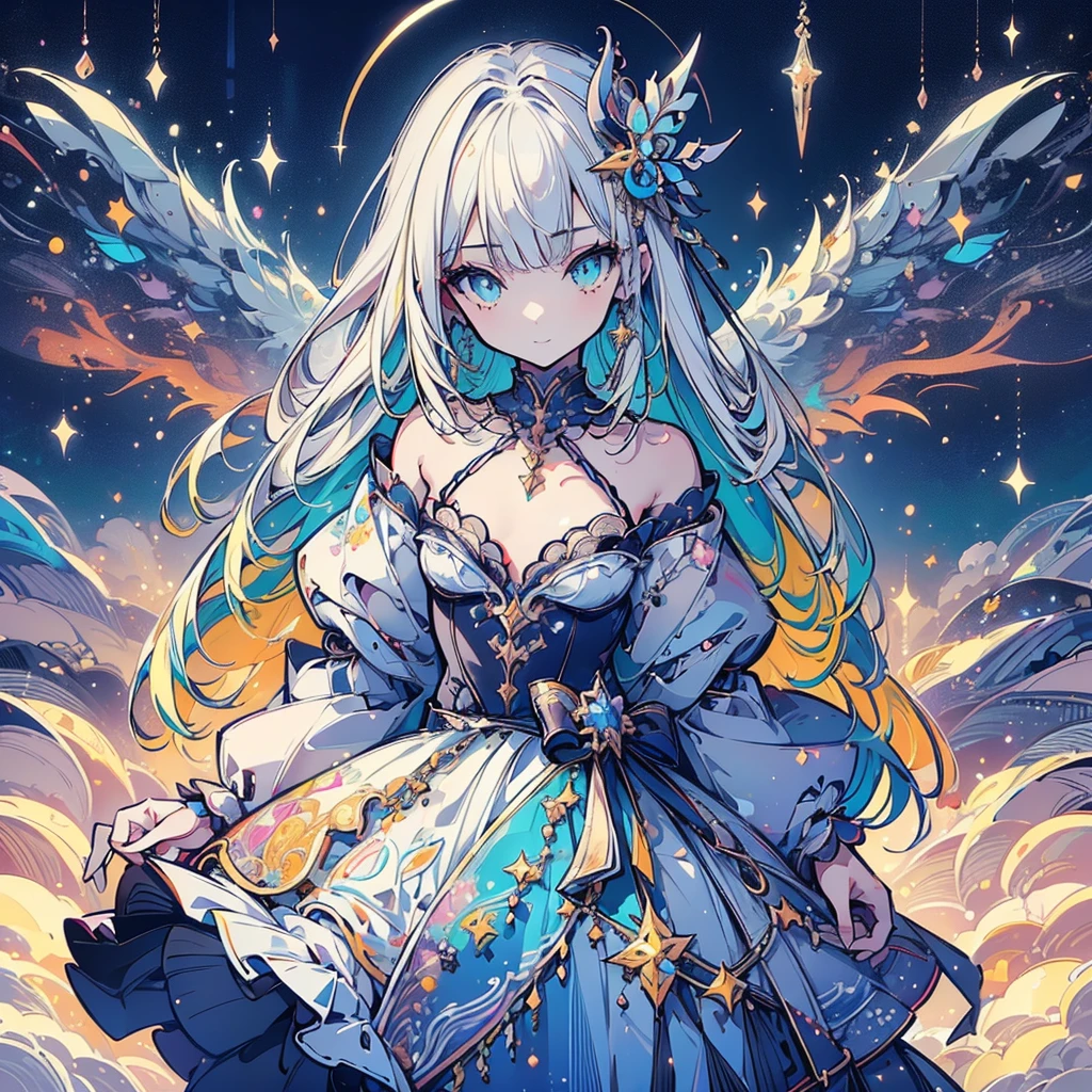 Absurd,anime,Detailed and beautiful eyes,(art),(artistic clothing:1.5),angel,gray hair,smile,(a girl:1.5),from the waist up,(small breasts:1.2),(small chest:1.2),mysterious,fallen Angel,Hello,(Large detailed hair ornament:1.2),(look away:1.5),detailed clothes,Flashy Moves,Mechanical,masterpiece, moe kawaii,abyss,luster,lame,(ultra detailed:1.2), ((highest quality)) ,Extremely Delicately Beautiful ,64k