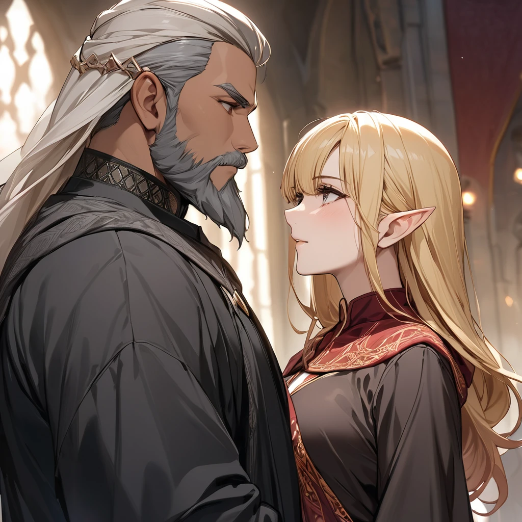 ((Best Quality)), ((masterpiece)), (detailed), （Perfect Face）、The female high elf is Seras Ashlain, a Muslim high elf with medium blonde hair wearing a black abaya and hijab.、The woman is married to a middle-aged Muslim man with a beard.