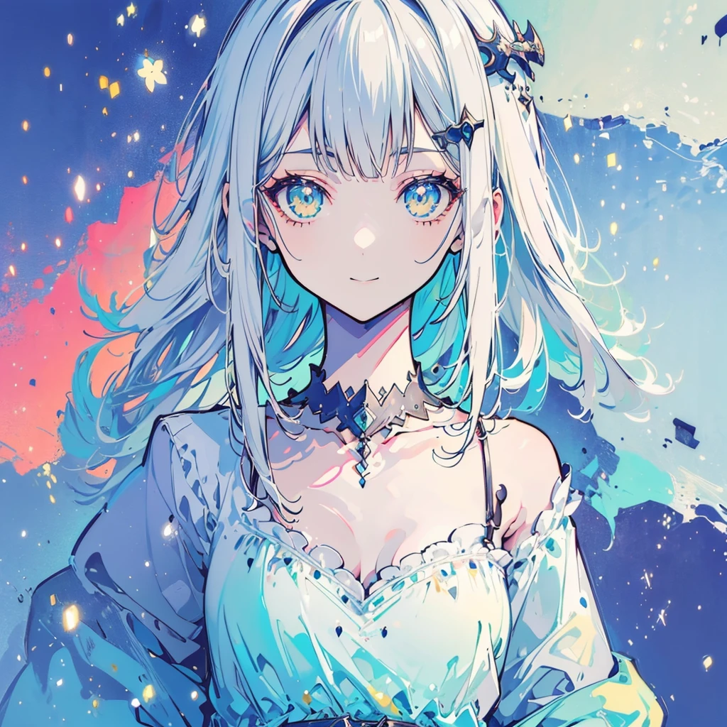 Absurd,anime,Detailed and beautiful eyes,(art),(artistic clothing:1.5),angel,gray hair,smile,(a girl:1.5),from the waist up,(small breasts:1.2),(small chest:1.2),mysterious,fallen Angel,Hello,(Large detailed hair ornament:1.2),(look away:1.5),detailed clothes,Flashy Moves,Mechanical,masterpiece, moe kawaii,abyss,luster,lame,(ultra detailed:1.2), ((highest quality)) ,Extremely Delicately Beautiful ,64k