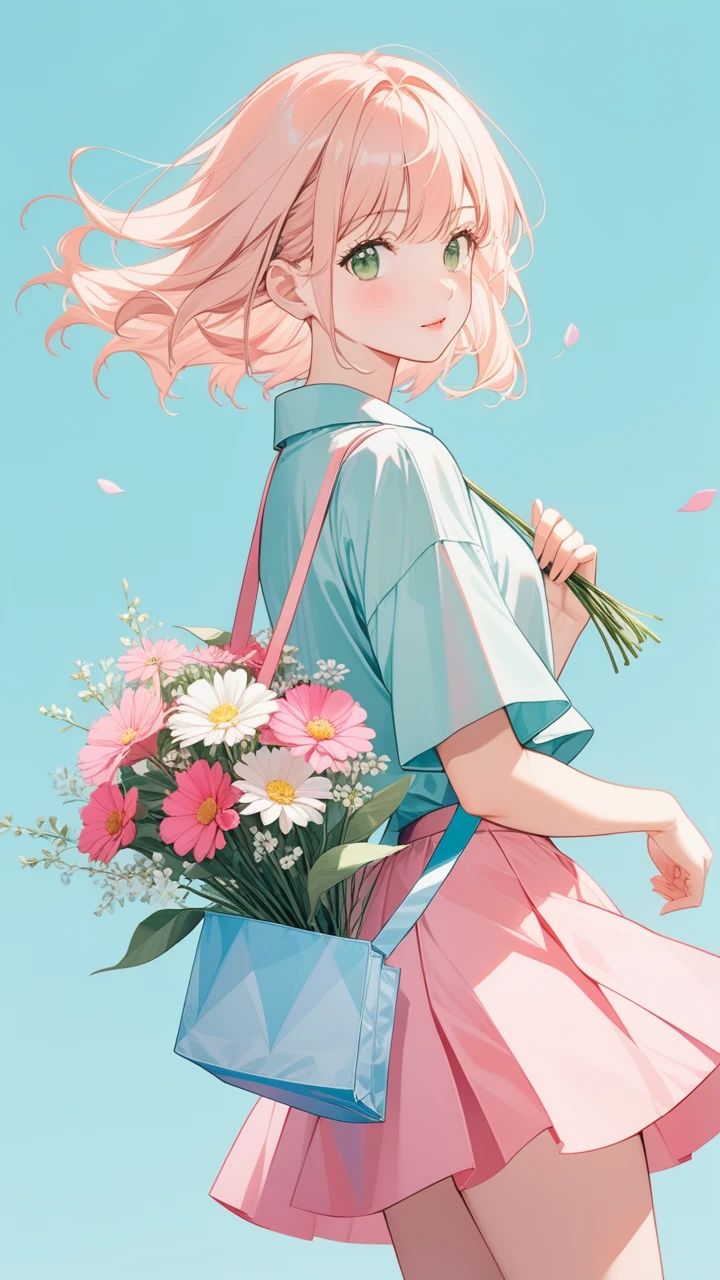 flat illustration，Minimalism，Geometry，abstract Memphis，anime portrait，close shot，holding a bouquet of flowers in hand，focus on face， wearing light green shirt，Short pink skirt，Holding flowers in hand，Light pink canvas bag on shoulder，Long platinum blonde hair，Lane Blue Background，style expression，celluloid