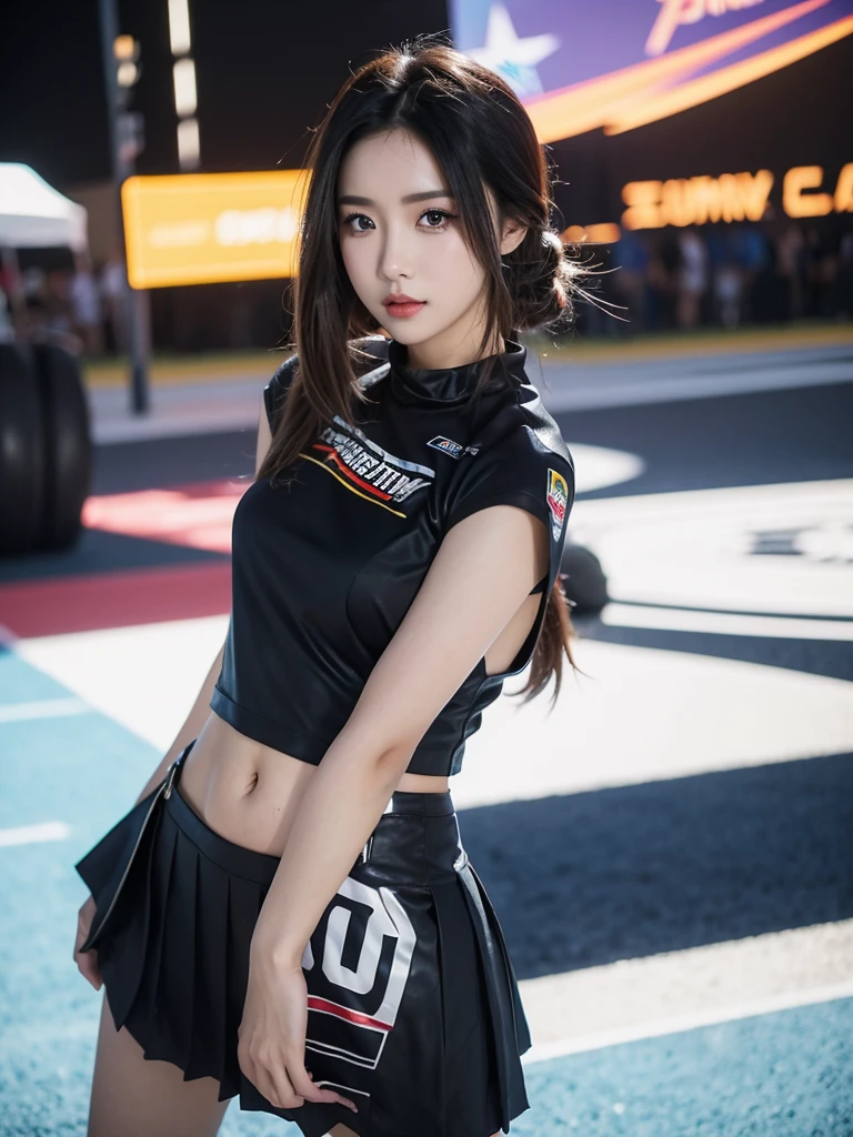 Ultra detailed face、Cool woman、Colorful costumes、F1 Driver Cosplay、Colorful costumes、Clothing with company logo、Grid Girlsのカラフルで派手な衣装、Grid Girls、Perfect Face、Paddock Girls、Motor Show、tights、Bodycon Costume、Grid Girls、Russia、Grid Girlsのコスプレ、Belly button、Pleated skirt、Bodycon Costume、Sexy poses、Pose showing off the butt