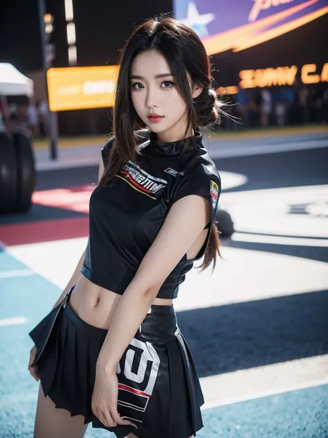 ultra detailed face、cool woman、colorful costumes、f1 driver cosplay、colorful costumes、clothing with company logo、grid girlsのカラフルで...