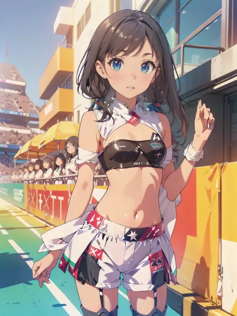 (race queen,grid girls:1.5),crop top,white micro shorts,standing:1.3、black hair:1.5、short hair:1.5,twin tails:1.5、(((very flat c...