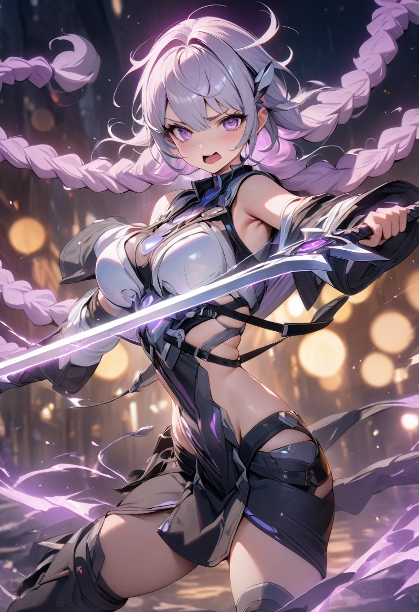 (best quality,4k,8K,High resolution,masterpiece:1.2),Extremely detailed,(Practical),light, Bokeh，Purple double twist braid ，Holding a sword, energetic, Expressive