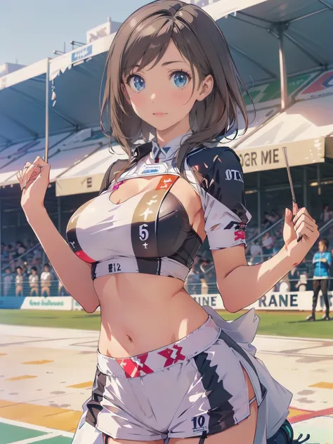 (race queen,grid girls:1.5),crop top,white micro shorts,standing:1.3、black hair:1.5、short hair:1.5,twin tails:1.5、(((very large ...