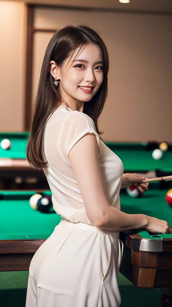 (Billiards Female Hustler),(Shooting a shot with a cue),(RAW Photos, Best Quality),(smile),(Elegant and sophisticated atmosphere),Looking at the camera,White Shirt,Black culottes,(Realistic, photo-Realistic:1.4), masterpiece, 8K Portrait, 