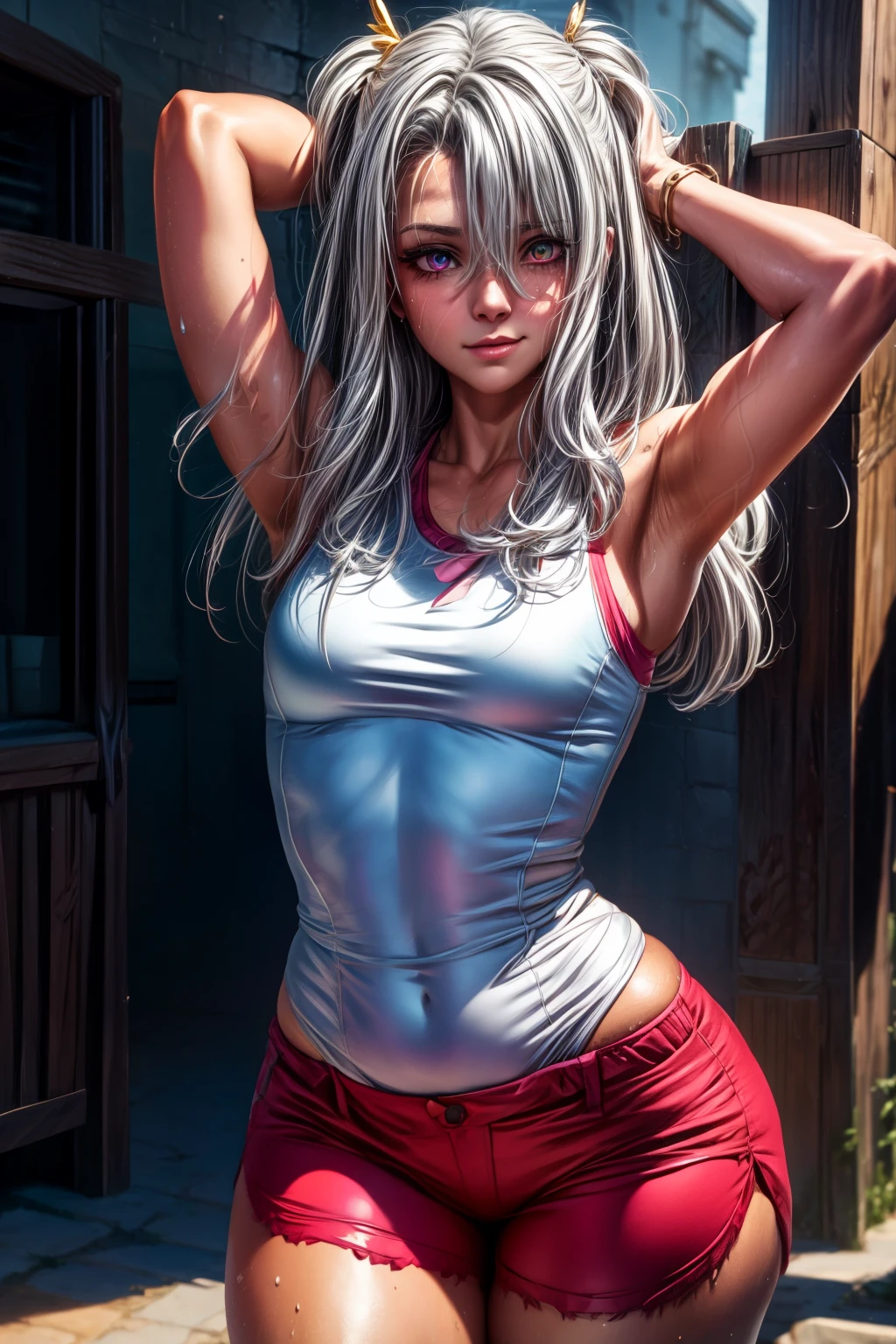 illya_a, (silver hair:1.4), long hair, (red eyes), (small breasts:1.2), thicc thighs, curvy hips, Muscular Female, (abs),
BREAK, hotpants, bikini top,
BREAK (sweaty:1.3), looking to the viewer, (smirk:1.2), arms up, hands on head,
BREAK (masterpiece:1.2), sunlight, best quality, high resolution, unity 8k wallpaper, (illustration:0.8), (beautiful detailed eyes:1.6), extremely detailed face, perfect lighting, extremely detailed CG, (perfect anatomy),