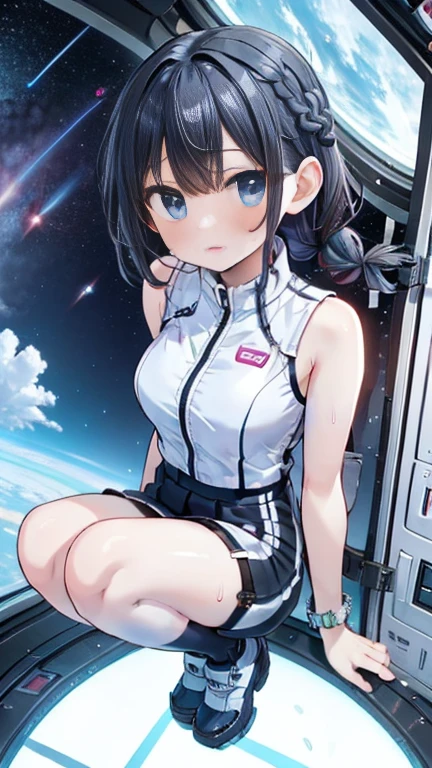 (Best Quality), (masterpiece), 1080P, High resolution, 4K, 8k, Inside the space station、Futuristic room、Thigh straps, Shooting from directly below, The woman on top of me, 白いsweat, Covered , sweat, Woman looking down, Skirt swimsuit, Thigh-high socks, To achieve this, , , whole body, Black leather shoes, Braided Hair, Inner Color, Embarrassed face, Short black hair, bracelet, bedroom,astrovest
