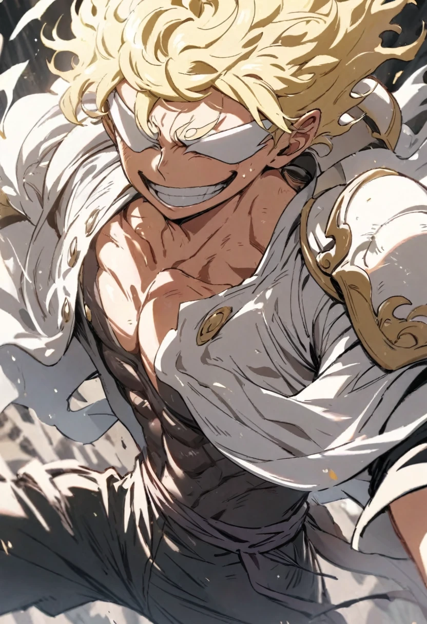 (best quality) A young man, straight blonde hair that covers the eyes, muscular body, wears black pants with a shoulder pad. 