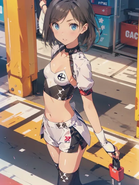 (race queen,grid girls:1.5),crop top,white micro shorts,standing:1.3、black hair:1.5、short hair:1.5,twin tails:1.5、(((flat chest:...