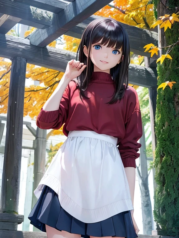 High resolution, 8k, Best Quality, detailed, Cute Anime Girl、 One Girl, slim,  Shiny brown hair, Medium Hair、Deep blue eyes、detailedな顔, Beautiful and detailed, Glowing Skin, Hard Focus、Film Grain, Soft lighting, Gazing at the audience, A big smile, (Warm sweaters and skirts、The gentle colors of autumn), A quiet mountain path with beautiful fiery autumn leaves