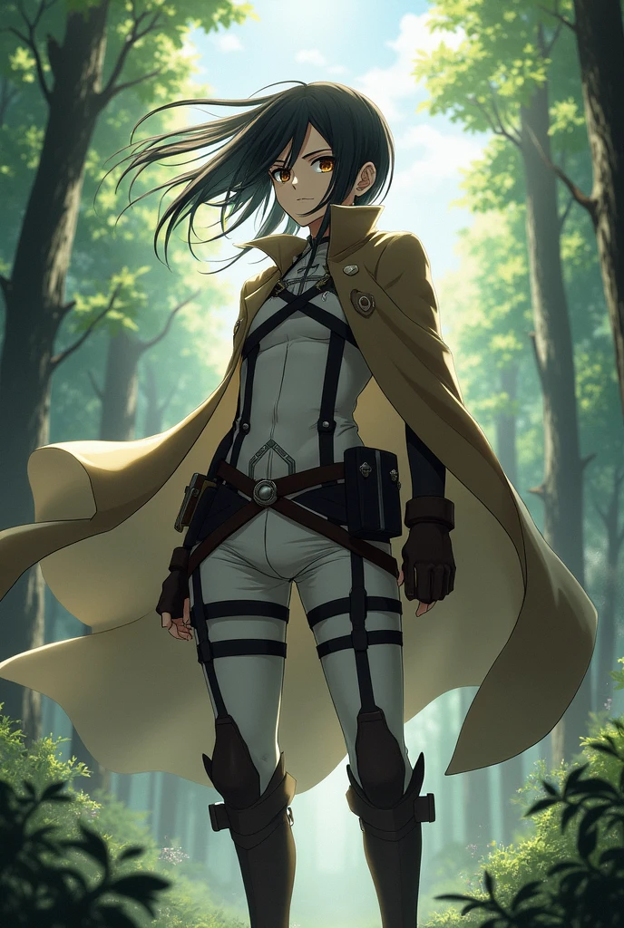 Attack on Titan style anime character, heroic pose, wind, tree 