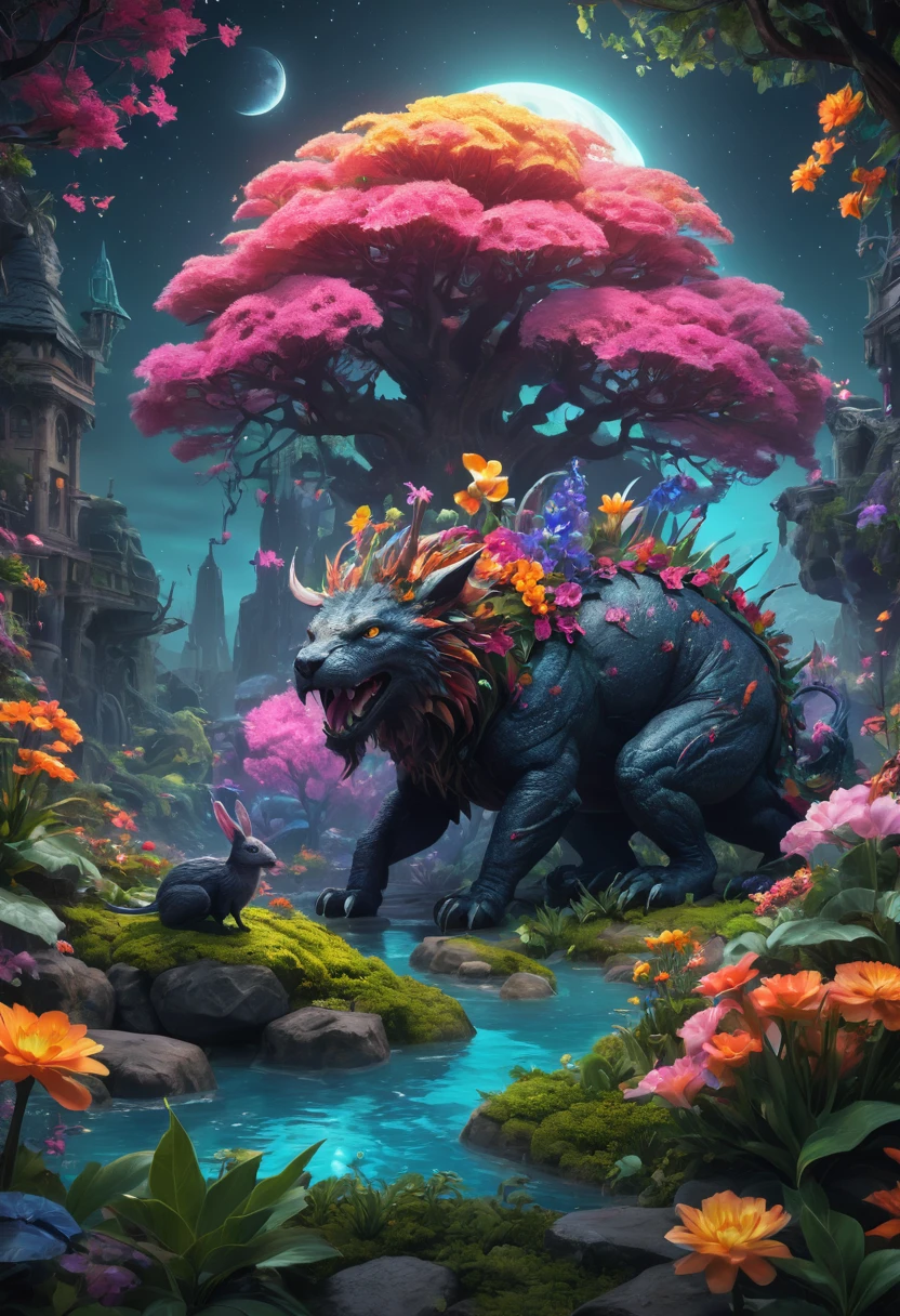 whimsical midnight landscape with magical creatures, Flowers and plants,  magic, The Meeting, Fantasy, d&d, matte paint, conceptual art, dynamic lighting, cinematic, epic composition, realistic, 8k resolution, highly detailed, art by range murata, highly detailed, 3d, octane rendering, bright colors, digital painting, trends on artstation, sharp focus, illustration style by stanley artgerm, dramatic background