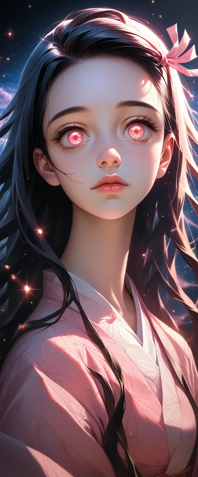 A beautiful young girl with long dark hair, big innocent eyes, delicate face, Nezuko Kamado, pink and white kimono, iridescence, dramatic angle, space, floating colorful sparkles, dramatic lighting, chiaroscuro, evocative depth, best quality, 4k, 8k, highres, masterpiece, ultra-detailed, realistic, photorealistic, photo-realistic, detailed face and eyes, beautiful lips, long eyelashes, soft lighting, warm color tones, intricate details, fantasy, anime style