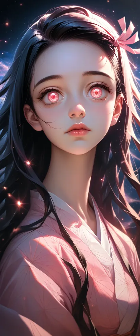 a beautiful young girl with long dark hair, big innocent eyes, delicate face, nezuko kamado, pink and white kimono, iridescence,...