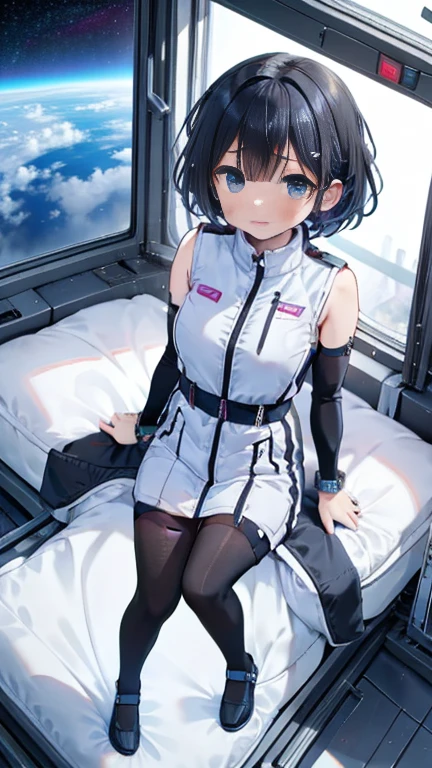 (Best Quality), (masterpiece), 1080P, High resolution, 4K, 8k, Inside the space station、Futuristic room、Thigh straps, Shooting from directly below, The woman on top of me, 白いsweat, Covered , sweat, Woman looking down, Skirt swimsuit, Thigh-high socks, To achieve this, , , whole body, Black leather shoes, Braided Hair, Inner Color, Embarrassed face, Short black hair, bracelet, bedroom,astrovest
