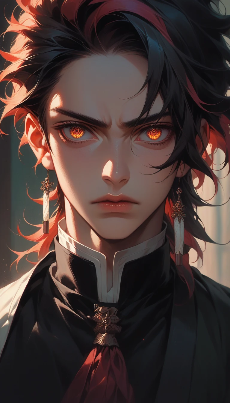 a detailed portrait of kamado tanjiro, beautiful detailed eyes, boy, beautiful detailed lips, extremely detailed face, flaming red hair, school uniform, serious expression, dramatic lighting, cinematic composition, epic fantasy, muted color palette, dark moody atmosphere