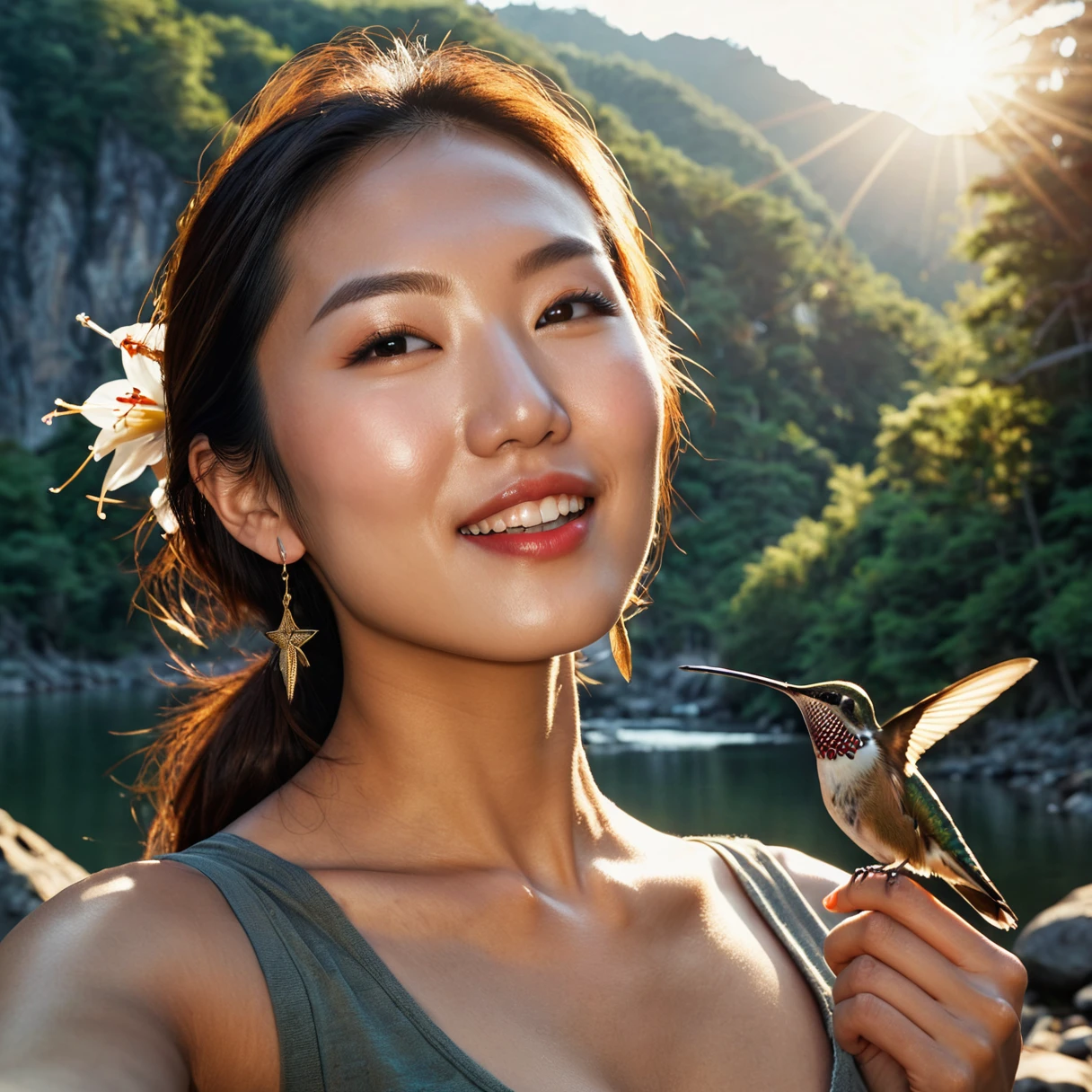 A beautiful young Asian woman with a hummingbird kissing her on the cheek ((Upper Body selfie, happy)), masterpiece, Best Quality, Very detailed, ground, Outdoor, (night), Mountain々, nature, (star, moon) Cheerful, happy, forest, stone, river, wood, cigarette, shadow, Contrast, sunny, style, (Warm colors, Warm colors): 1.2), close, Cinematic Light, Side lighting, Ultra-high resolution,  最高のshadow, born, Upper Body, realistic style  