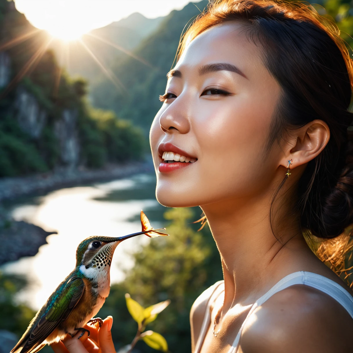 A beautiful young Asian woman with a hummingbird kissing her on the cheek ((Upper Body selfie, happy)), masterpiece, Best Quality, Very detailed, ground, Outdoor, (night), Mountain々, nature, (star, moon) Cheerful, happy, forest, stone, river, wood, cigarette, shadow, Contrast, sunny, style, (Warm colors, Warm colors): 1.2), close, Cinematic Light, Side lighting, Ultra-high resolution,  最高のshadow, born, Upper Body, realistic style  