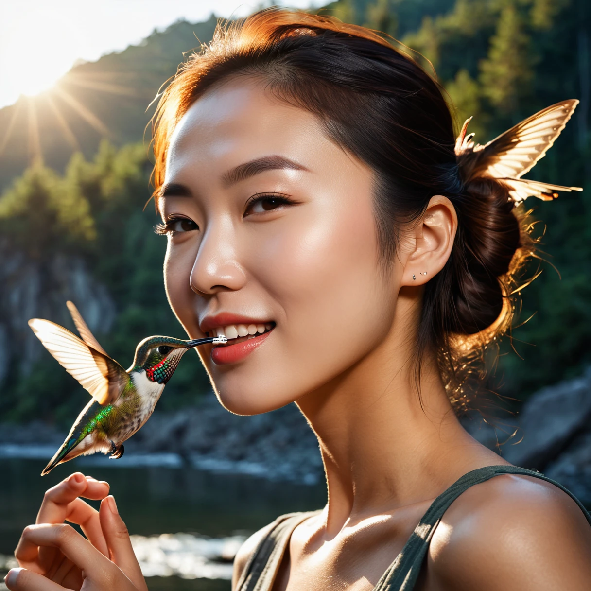 A beautiful young Asian woman with a hummingbird kissing her on the cheek ((Upper Body selfie, happy)), masterpiece, Best Quality, Very detailed, ground, Outdoor, (night), Mountain々, nature, (star, moon) Cheerful, happy, forest, stone, river, wood, cigarette, shadow, Contrast, sunny, style, (Warm colors, Warm colors): 1.2), close, Cinematic Light, Side lighting, Ultra-high resolution,  最高のshadow, born, Upper Body, realistic style  