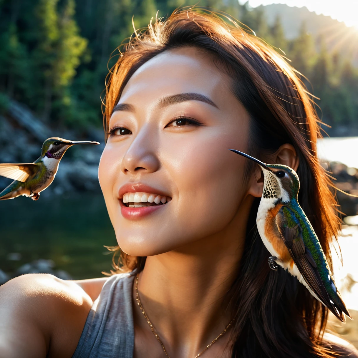 A beautiful young Asian woman with a hummingbird kissing her on the cheek ((Upper Body selfie, happy)), masterpiece, Best Quality, Very detailed, ground, Outdoor, (night), Mountain々, nature, (star, moon) Cheerful, happy, forest, stone, river, wood, cigarette, shadow, Contrast, sunny, style, (Warm colors, Warm colors): 1.2), close, Cinematic Light, Side lighting, Ultra-high resolution,  最高のshadow, born, Upper Body, realistic style  