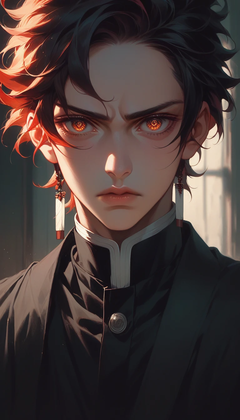 a detailed portrait of kamado tanjiro, beautiful detailed eyes, boy, beautiful detailed lips, extremely detailed face, flaming red hair, school uniform, serious expression, dramatic lighting, cinematic composition, epic fantasy, muted color palette, dark moody atmosphere