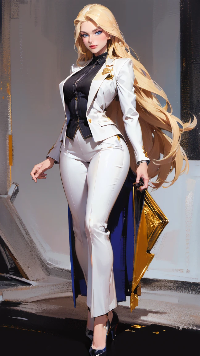 ((masterpiece,best quality,8k,highres)),((character concept art)), 1 female, aristocrat, old money vibes, supermodel, fashion model, 3, (long blond hair), Blonde hair, (fair skin colour), ultra finely detailed eyes (blue eyes colour), extraordinary gorgeous, elegance, charming, smart, calm, perfect body build ((slim curvaceous)), ((intricate detail)), super finely detailed hands, ultra finely detailed fingers(((ten fingers))), wearing white blazer jacket white shirt and white trousers  (standing still), (full body showcase), ((show full body)), (no logos on background), (no logo), ((plain background)), ((plain background)), (((empty background)))