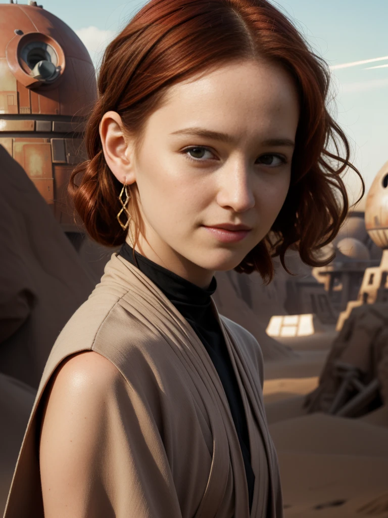 (((female jedi ))), (((very futuristisches, planet tatooine, outdoor))) professional photography, Canon EOS 5 , a 1. ex, star wars style, very , (((jedi khight warrior outfit ))), 1 beautiful red-haired young woman, full upper body, beautiful detailled face, perfect anatomy, rothaarig (Christa Theret: 1.3), ( Alexia Fast: 1.3),Highly detailed youthful face, perfect proportions, ((red hair)), curly hair, nice ponytail,  very detailiert,  perfect and highly detailed face, immaculate, with whole body and an anatomically correct body, absolutely perfect face,16k, HDR, broad light, High contrast, sharp focus, RAW color photo, long simple earrings,  full body portrait masterpiece, attentive, curious, cautious, sharp background, subtle smile