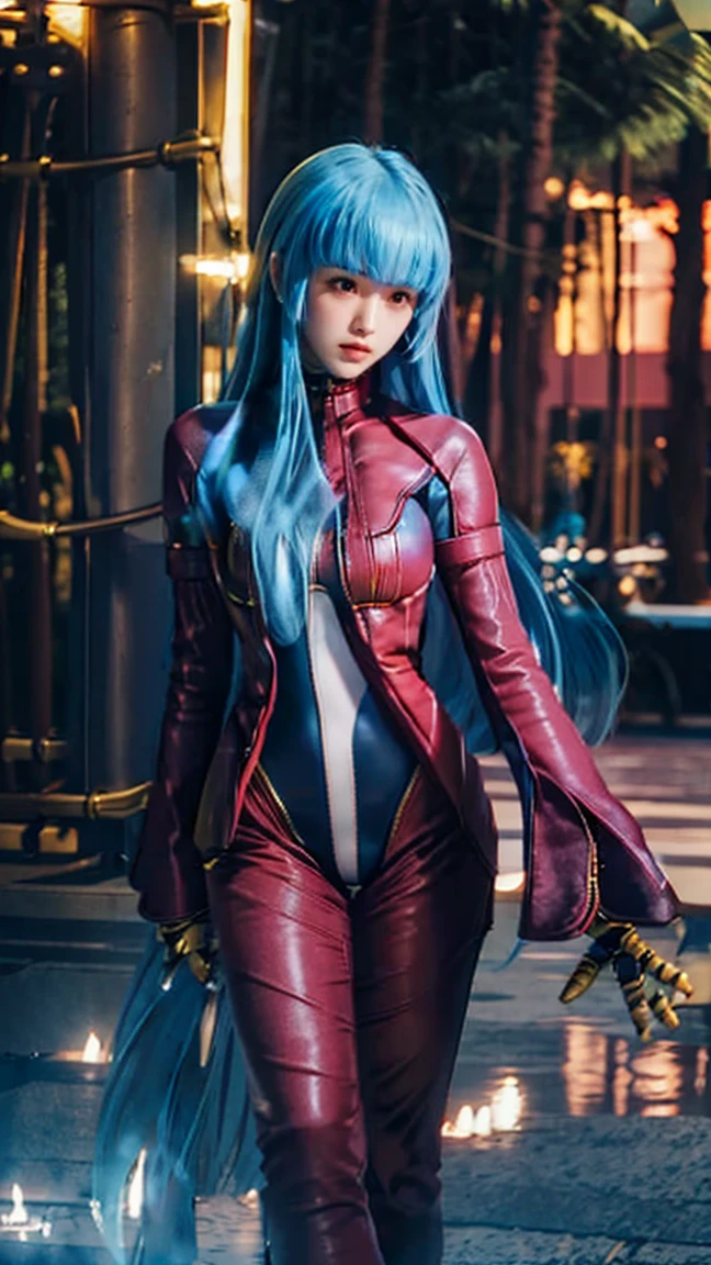 (masterpiece), best quality, expressive eyes, perfect face ((kof)), ((king of fighters)), ((kula diamond)), kula, ((long blue hair)), ((young girl)), yellow gloves, ((full maroon leather bodysuit)), ((zip red, maroon full bodysuit)), skintight, breasts exposed, red eyes, walking in park, belt, golden gloves, smile, golden shoes, ice magic, cutecute, feet, foot, legs full body, ice, icey