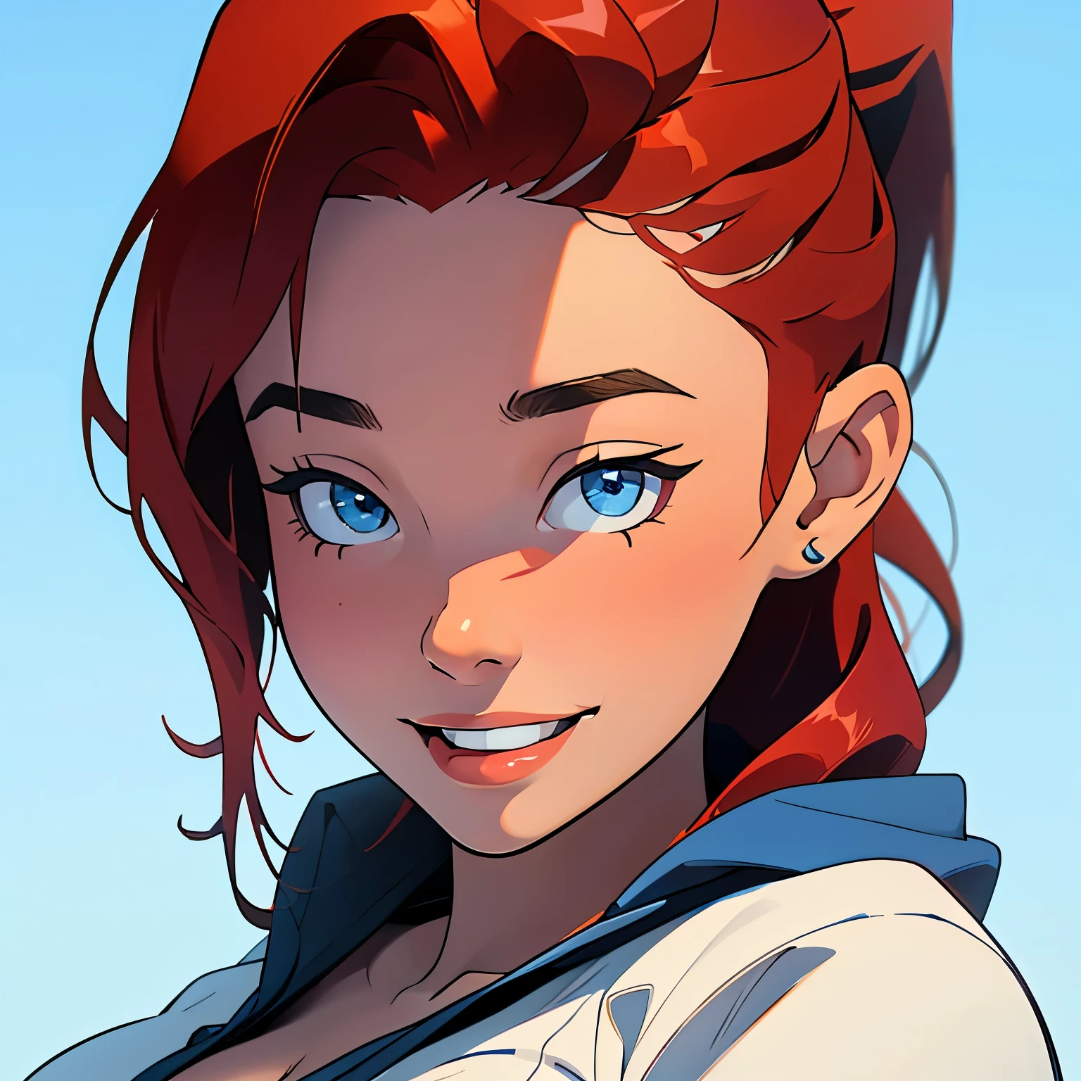 masterpiece, best quality, portrait, highest image quality, 2 woman, looks like Olivia Dunne, bright red hair, ponytail, blue eyes, smiling, (large breasts:1.5), White background, empty background, close up of her face