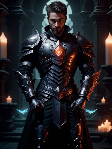 1man, a shot an awe-inspiring male paladin, 30 years old，small beard, sexy and charming expression，gloomy eyes，blue eyes, emb3r4...