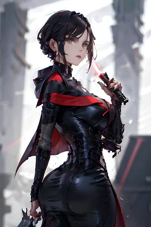 The character in the image appears to be a female figure with a striking and somewhat intimidating presence. She has a slender build and is wearing a dark, form-fitting outfit that seems to be made of a shiny, possibly leather-like material. The outfit includes a high collar and a cape that drapes over one shoulder, adding to her formidable appearance. Her attire is complemented by a red and black color scheme, with the red accents possibly indicating a connection to a specific group or faction within the context of the image. She is holding a lightsaber with a red light at the end, which could be a weapon or a tool, and it adds a mystical or futuristic element to her character. The character's face is serious and focused, with a strong jawline and sharp features that contribute to her stern expression. Her hair is styled in a way that it falls over her shoulders, and she has a hood that is partially pulled back, revealing her face. The background suggests a forest or wooded area, which contrasts with her dark attire and adds a sense of mystery to the scene. The lighting is moody and atmospheric, with a mix of red and blue tones that highlight her and the environment. Overall, the character's appearance is designed to convey a sense of power and authority, with a touch of elegance and mystery. With her voluminous and firm breasts measuring 95 cm in diameter, her tight clothes do justice to her impressive figure, her perfect curves covering her legs and butt.  huge breasts(105.55), b1mb0, Nightgown, 