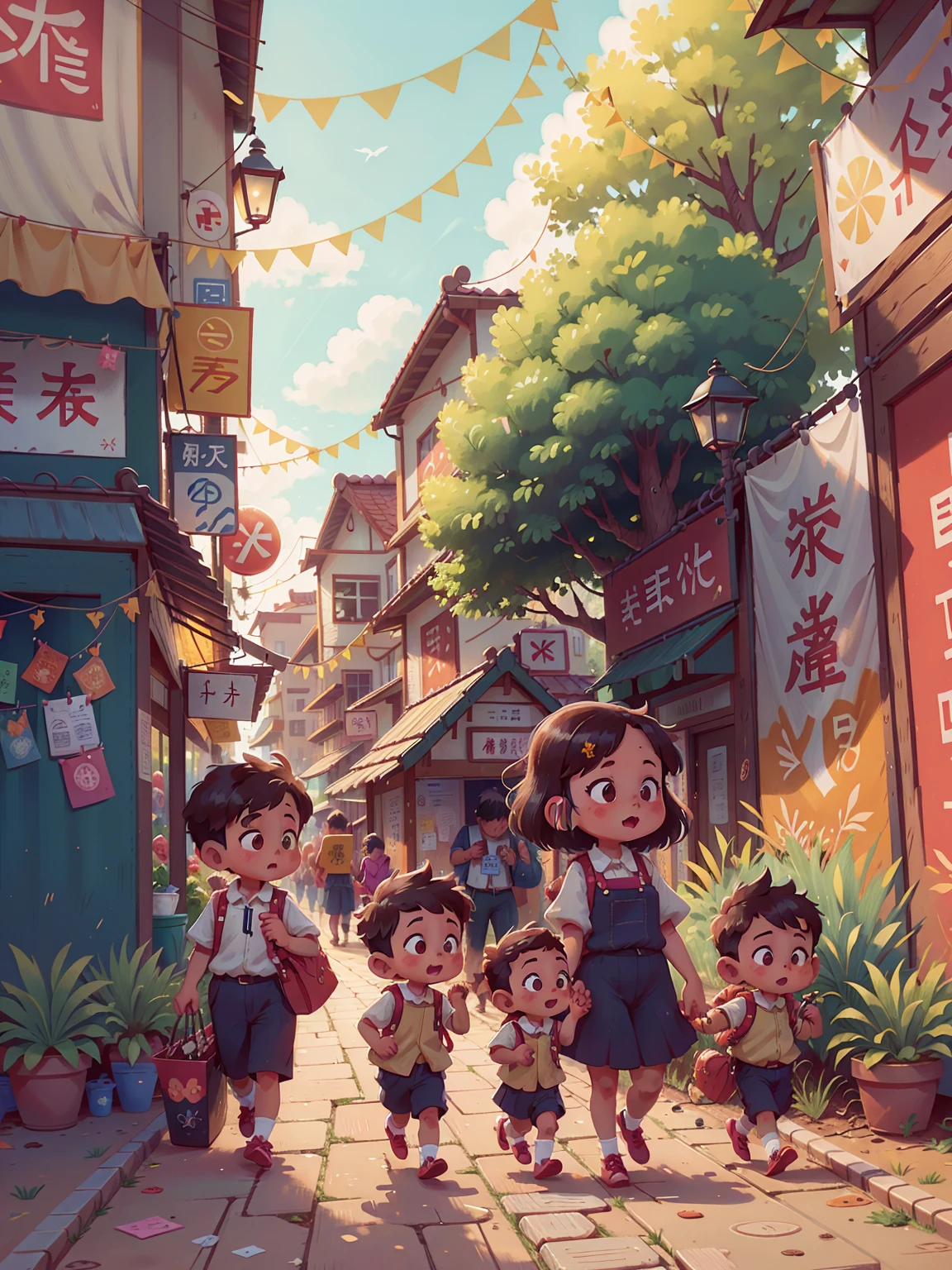 A kindergarten teacher is walking with her two male and female students. The lively atmosphere of the city festival, there are traders and also other festival visitors.