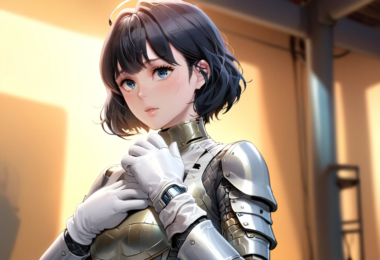 Short white hair with bangs, intricate metal and fabric armor, Form-fitting figure with detailed patterns and textures, armored gloves, standing posture, look forward, Soft and clear skin, indoor environment with industrial machinery and dim lighting, dominant light source from top left casting shadows, serious and intense atmosphere, Slightly low angle, Sharp depth of field with foreground in focus and background slightly blurred, well exposed image with dramatic highlights and shadows.