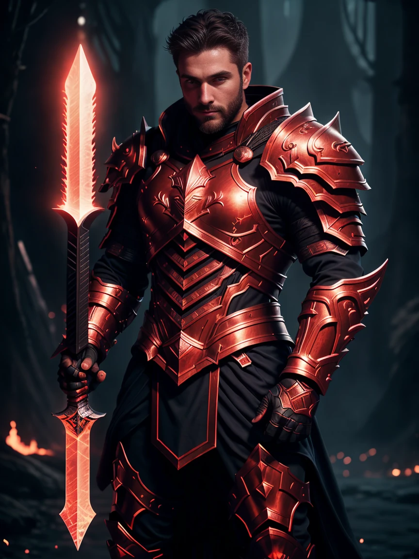 1man, A shot a muscle male paladin, 30 years old，small beard, Sexy and charming expression，gloomy eyes，Blue eyes, emb3r4rmor, shirtless, wearing a embers tasset and greaves, dynamic pose,  wielding a sword imbued with red radiant light, emanating potent light magic. The scene is set in a dark and mysterious cityscape, illuminated by the glow of the paladin's sword. The composition is expertly crafted, with breathtaking attention to detail and cinematic lighting. The overall aesthetic is reminiscent of Fujifilm photography, capturing the beauty and depth of the scene