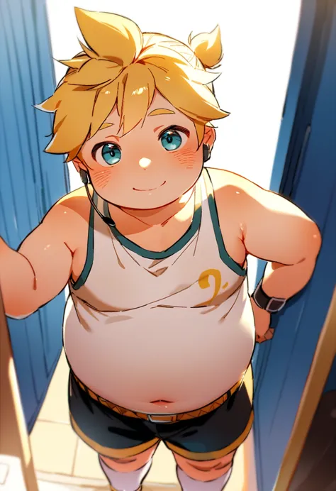 1 boy, (fat male child), (kagamine len), (cute), obese, chubby cheek, fat rolls, tank top, earphone, (chubby), (plump), (belly s...