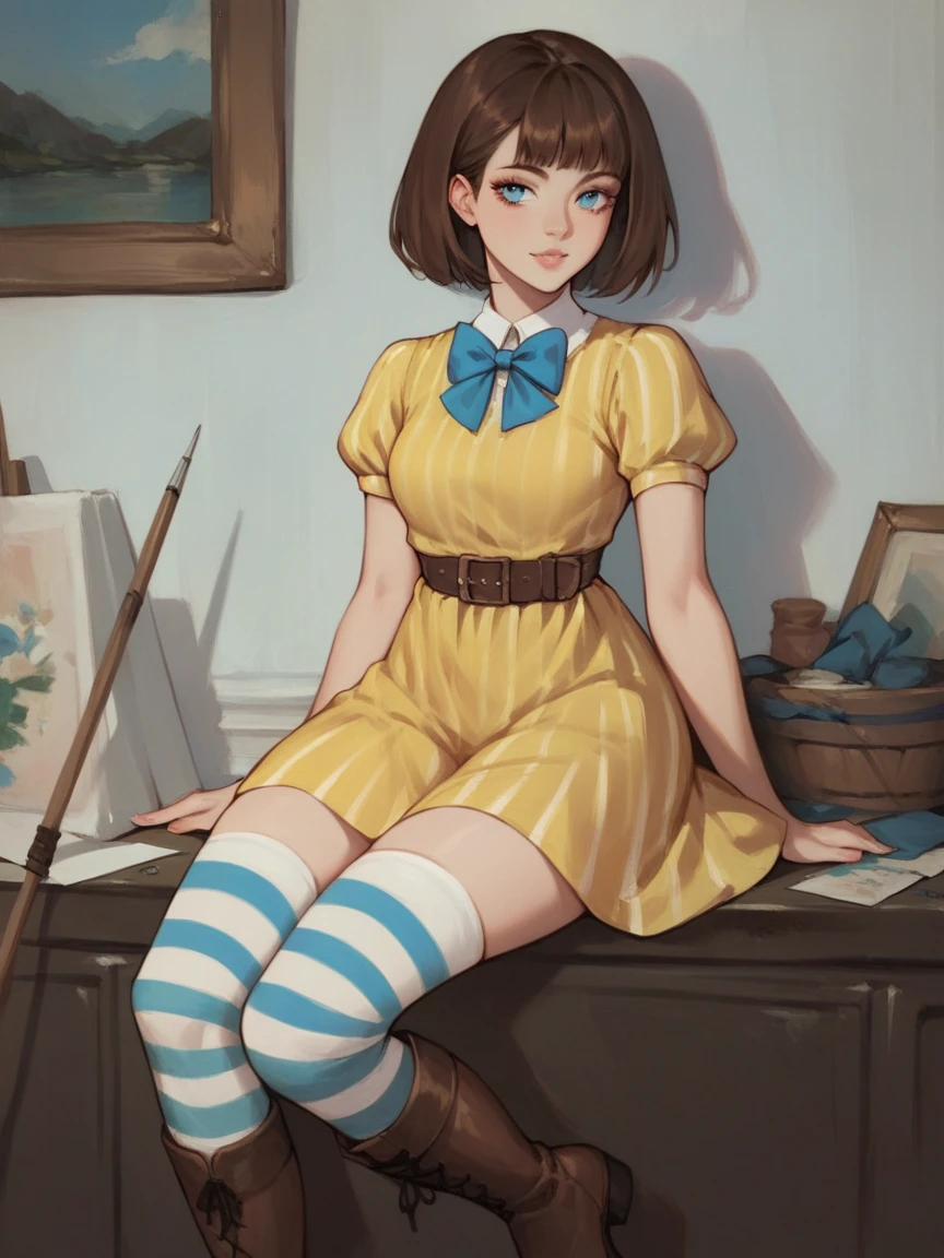 score_9, score_8_up, score_7_up, score_6_up, score_5_up, score_4_up, painting of Fran Bow, blue eyes, brown hair, bob cut, yellow dress with a small blue bow tie, brown boots, black-and-white striped stockings.